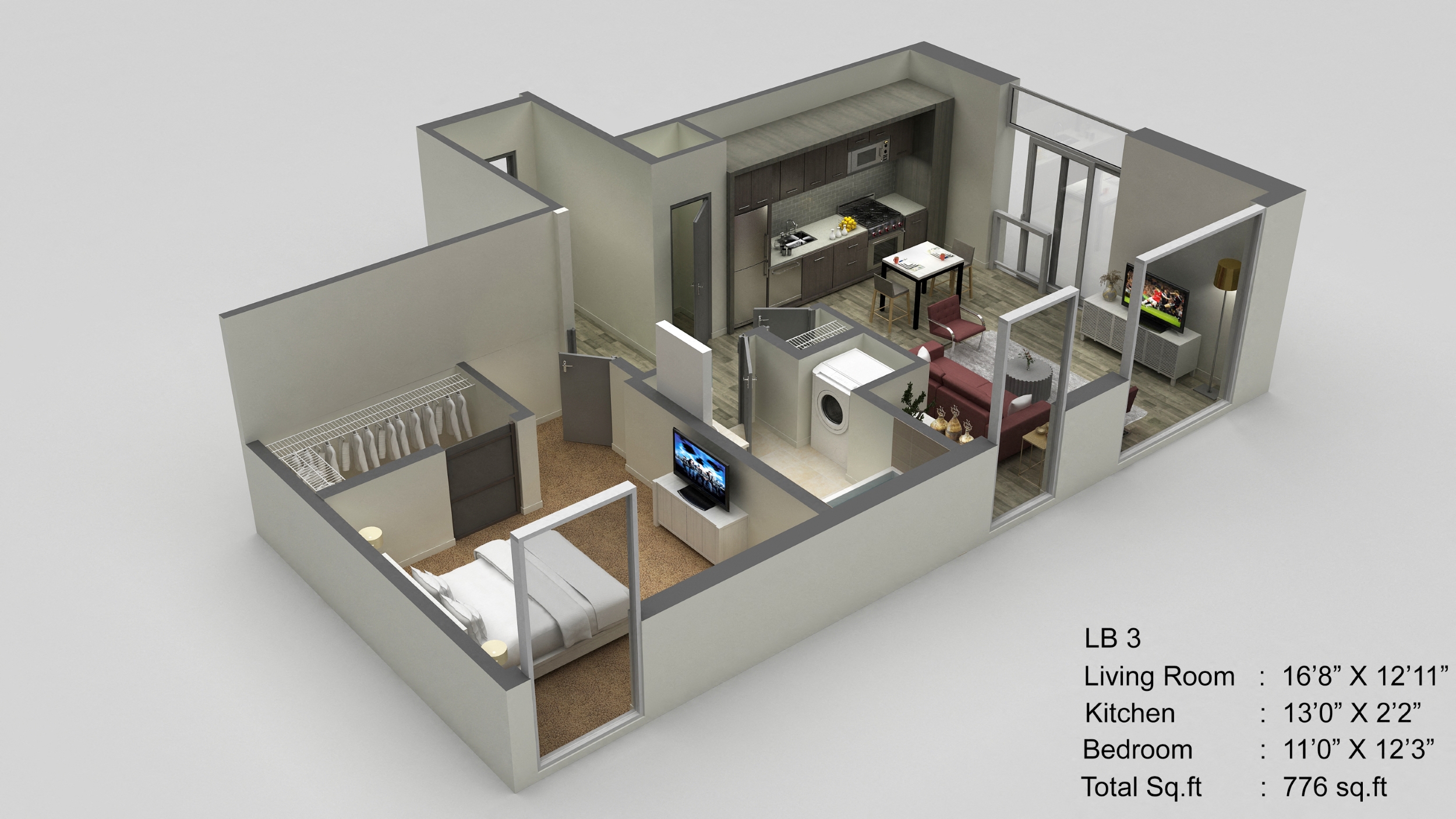 Floor plan for 1 bed, 1 bath, 776 sqft